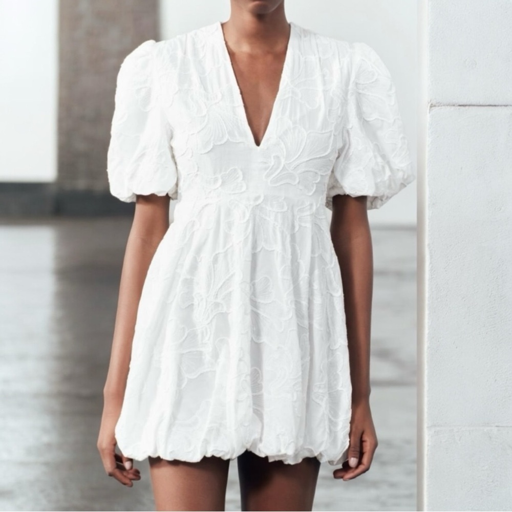 Christian Lacroix Floral Embroidery V Neck Puff Sleeve Bubble Hem Mini Dress - Picture 9 of 16